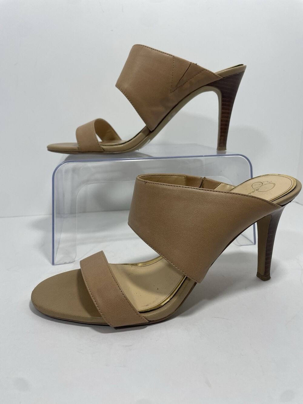 Jessica Simpson Tan Double Strap Slide Heels Slim Stiletto Minimalist Dressy 10